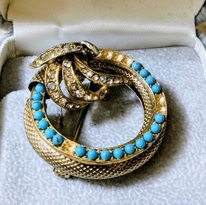 Vintage Napier 50s gold tone circle pin turquoise rhinestone crystal collectible